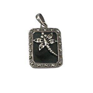 Sterling Onyx & Marcasite Dragonfly Pendant Rectangular Shape
